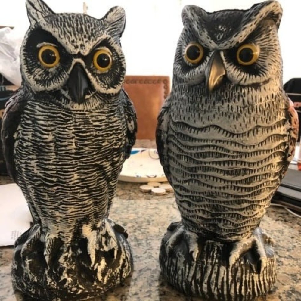 2 Pack Fake Horned Owl Bird Scarecrow Decoy, Plastic Deterrents, Halloween Decor